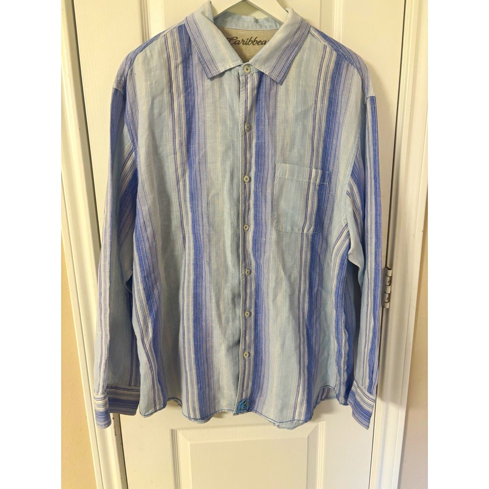 Caribbean Roundtree & Yorke Men XL Linen Cotton Long Sleeve Button-Up Shirt Blue